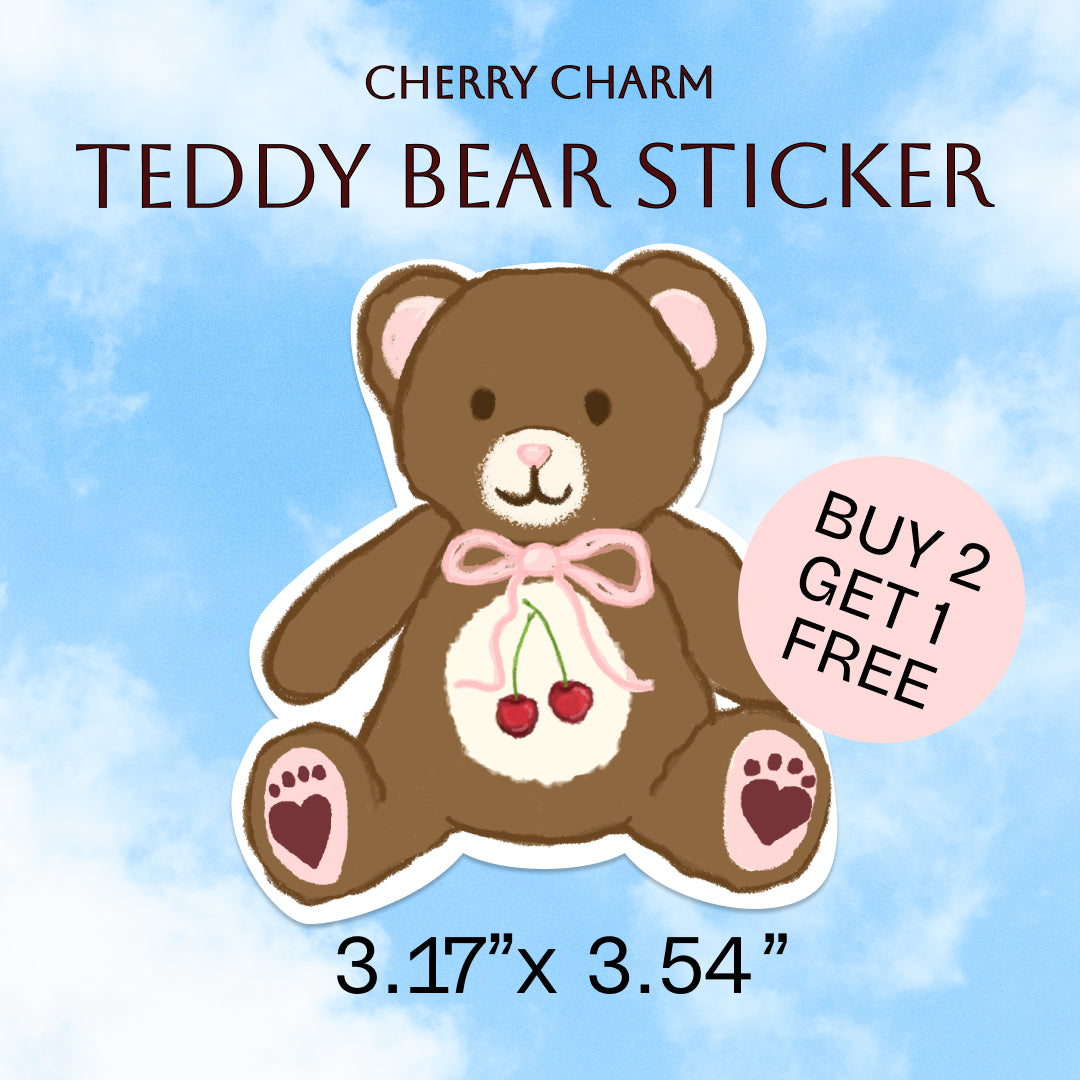 Bittersweet Bear Sticker – Vintage Teddy Bear with Cherry Charm, Cute Nostalgic Art. 3.17" x 3.54". Lettermail *untracked