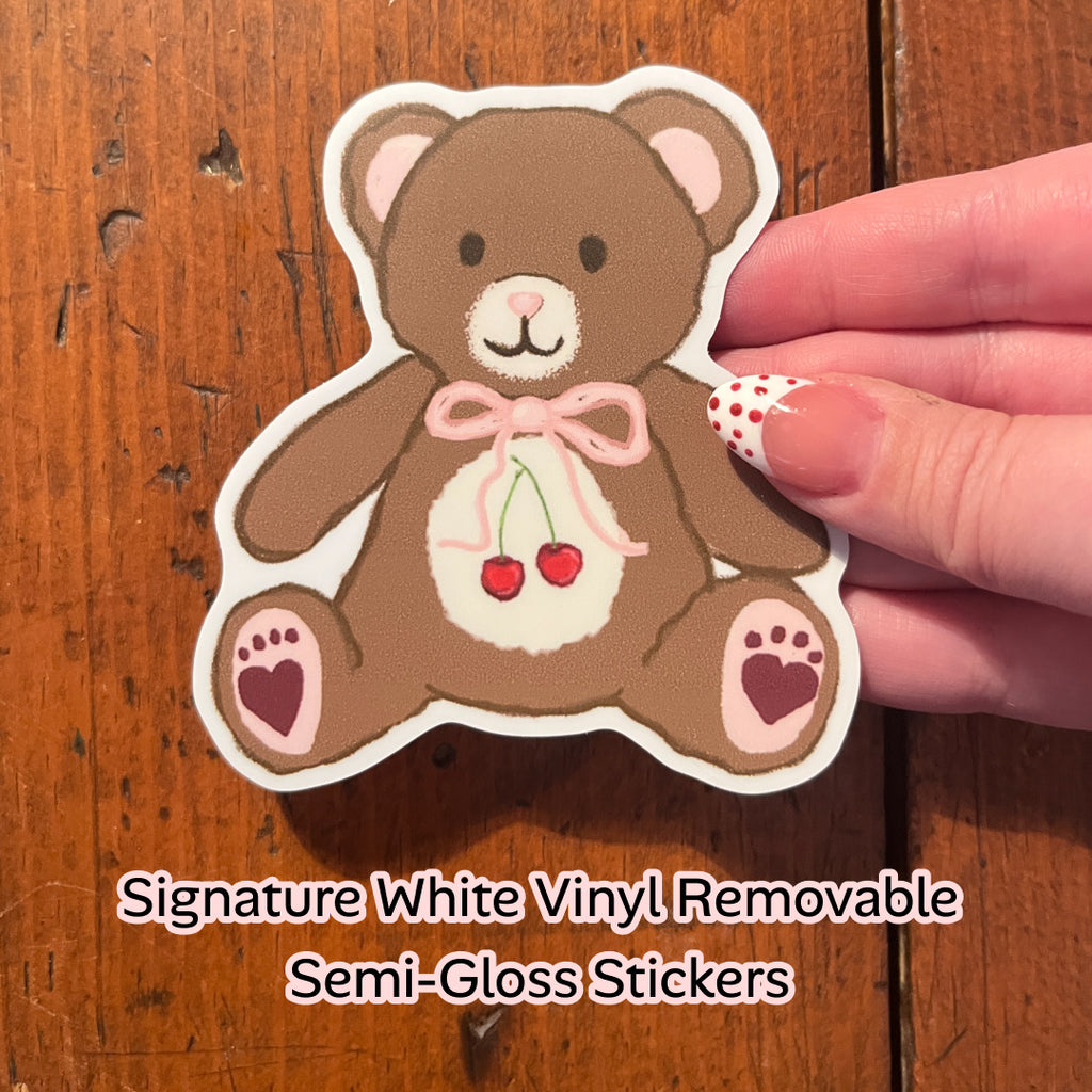 Bittersweet Bear Sticker – Vintage Teddy Bear with Cherry Charm, Cute Nostalgic Art. 3.17" x 3.54". Lettermail *untracked