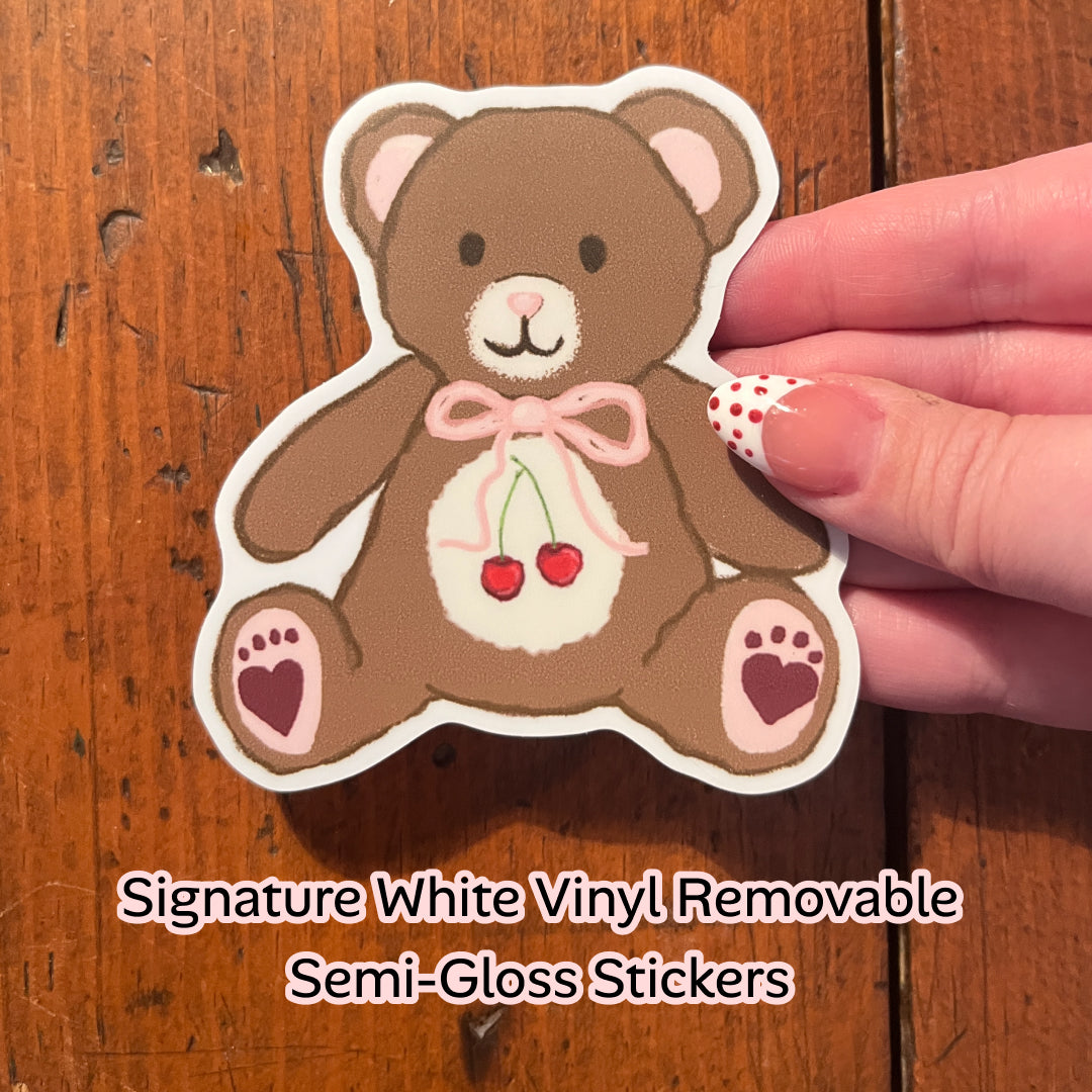Bittersweet Bear Sticker – Vintage Teddy Bear with Cherry Charm, Cute Nostalgic Art. 3.17" x 3.54". Lettermail *untracked